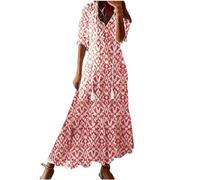 Women's Summer Dress V Neck Boho Maxi Dresses Casual Half Sleeve Long Dress Bohemian Pleated Beach Dress Ladies Flowy Holiday Swing Loose Fit Dresses for Party Evening