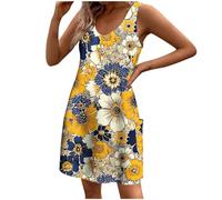 Womens Summer Dress with Pockets Ladies Casual Dresses Sleeveless V Neck Cotton Dresses Swing Midi Sundress Floral Print Beach Dress Knee Length Tank Dresses Plus Size Holiday Clothes