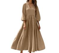 Women's Summer Dresses 3/4 Puff Sleeve Linen Maxi Dress Elegant V Neck Gathered Waist Flared A Line Dresses Ladies Casual Beach Vacation Wedding Guest Dress Lightweight Breathable Plain Sundress