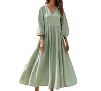 Women's Summer Dresses 3/4 Puff Sleeve Linen Maxi Dress Elegant V Neck Gathered Waist Flared A Line Dresses Ladies Casual Beach Vacation Wedding Guest Dress Lightweight Breathable Plain Sundress