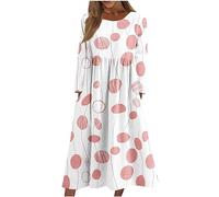 Women's Summer Dresses, Black Dress Plus Size Floral Dresses for Women UK Dresses Funeral Women's Round Neck Long Sleeve Dresses Ladies Pleated Loose Swing Casual Midi Dress Baggy (XL, Pink)