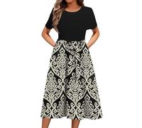 Womens Summer Dresses Casual Crew Neck Floral Midi Dress Petal Short Sleeve Elegant Swing Beach Dress A Line Sundresses with Pockets (Floral-B,XL)
