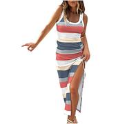 Women's Summer Dresses Casual Long Dress Sleeveless Elegant Wrap Dress Side Split Party Holiday Striped Tank Vacation Beach Style Boho Ribbed Maxi Dresses