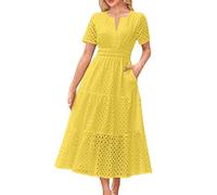 Womens Summer Dresses Elegant Eyelet Dress Short Sleeve V Neck Button Wrap Dress Loose Beach Ladies Maxi Sundress Hollow Out Tunic Dress Boho T-Shirt Dress with Pockets 2025 Yellow
