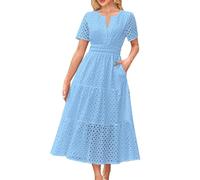 Womens Summer Dresses Elegant Eyelet Dress Short Sleeve V Neck Button Wrap Dress Loose Beach Ladies Maxi Sundress Hollow Out Tunic Dress Boho T-Shirt Dress with Pockets 2025 Light Blue