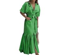 Womens Summer Dresses Maxi Dresses Boho Style Shirt Dress with Short Sleeve Belted Waist Pockets Flowy Beach Party Sun Dress for Ladies Green, XXL