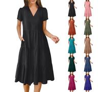 Womens Summer Dresses Plus Size UK, A-Line Dresses Tiered Dress V Neck Short Sleeve Dress Solid Color Sundress Above The Knee Sundresses Loose Waist Sundresses Boho Flowy Swing Sundress Black