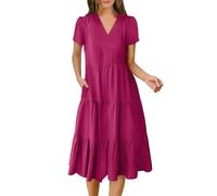 Womens Summer Dresses Plus Size UK, A-Line Dresses Tiered Dress V Neck Short Sleeve Dress Solid Color Sundress Above The Knee Sundresses Loose Waist Sundresses Boho Flowy Swing Sundress Hot Pink
