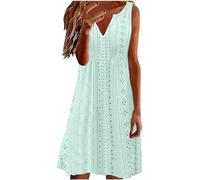 Womens Summer Dresses Plus Size Uk, Eyelet Dresses Bohemian V-Neck Dress Sleeveless Loose Boho Dress Solid Color Sundress Hollow Out Sundresses Comforty Baggy Skirt Fashion Beach Party Holiday Skirt
