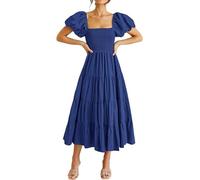 Women's Summer Dresses Puff Sleeve Square Neck High Waist Smocked Flowy Loose Fit Midi Dress (blue,L)