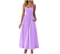 Womens Summer Dresses Spaghetti Strap Sexy Dress Solid Color Sleeveless Square Neck Maxi Sundress Ladies Casual Vacation Beach Boho Long Dress Elegant Club Party Dresses UK Purple