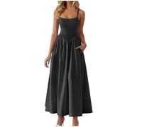 Womens Summer Dresses Spaghetti Strap Sexy Dress Solid Color Sleeveless Square Neck Maxi Sundress Ladies Casual Vacation Beach Boho Long Dress Elegant Club Party Dresses UK Black
