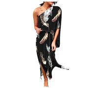 Women's Summer Dresses Split Slit Dresses Short Sleeve One Shoulder Boho Floral Maxi Sundress A-Line Beach Tshirt Dress Casual Loose Summer Dresses for Women 2024 Trendy