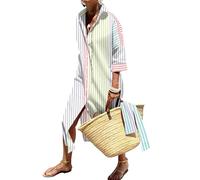 Womens Summer Dresses Striped Lapel Cotton Fall Maxi Dress Split Belted, Stripedcolorful, L