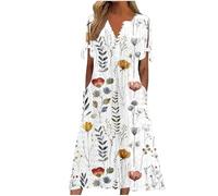 Women's Summer Dresses Summer Dresses for Women UK Boho V Neck Button Floral Midi Dress Plus Size Casual Petite Short Sleeve Flowy Sundress Fashion Eyelet Ruffle Vacation Clothes Multicolor S