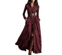 Womens Summer Dresses UK 2026 Causal V-Neck Button Long Sleeve Tunic Flowy Maxi Dresses Fashion Gypsy Tango Dance Dress Elegant Boho Swing Dress with Pockets Ladies Flowy Maxi Holiday Dresses Wine
