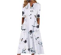 Womens Summer Dresses UK Clearance Casual Maxi Loose T Shirt Dress 3/4 Sleeve Button V Neck Henley Dress Trendy Floral Printed Beach Boho A-Line Flowy Long Dresses with Pockets