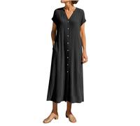 Womens Summer Dresses UK Cotton Linen Dresses for Women Causal V-Neck Button Down Short Sleeve Beach Tunic Dress Ladies Maxi Holiday Dress Party Club Vacation Lightweight Bohemian Going Out Sundress