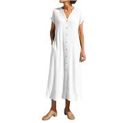 Womens Summer Dresses UK Cotton Linen Dresses for Women Causal V-Neck Button Down Short Sleeve Beach Tunic Dress Ladies Maxi Holiday Dress Party Club Vacation Lightweight Bohemian Going Out Sundress