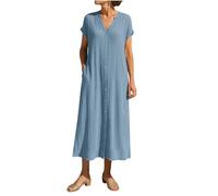 Womens Summer Dresses UK Cotton Linen Dresses for Women Causal V-Neck Button Down Short Sleeve Beach Tunic Dress Ladies Maxi Holiday Dress Party Club Vacation Lightweight Bohemian Going Out Sundress