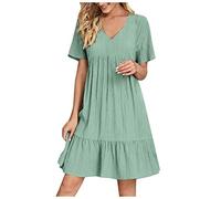 Womens Summer Dresses V Neck Short Sleeve Dress Linen Casual A Line Dresses for Women Solid Color Elegant Vacation Swing Pleated Beach Sundress Tunic Dress for Wedding Guest Daily Wear