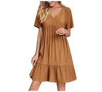 Womens Summer Dresses V Neck Short Sleeve Dress Linen Casual A Line Dresses for Women Solid Color Elegant Vacation Swing Pleated Beach Sundress Tunic Dress for Wedding Guest Daily Wear
