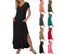 Women's Summer Dresses with Pockets Casual Short Sleeve Flowy Maxi Dress Swing Long Beach Sundress Vintage Solid Color V Neck T-Shirts Dress Loose Trendy Elegant Flowy Hawaiian A-Line Dresses Black