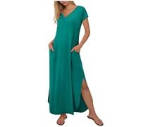 Women's Summer Dresses with Pockets Casual Short Sleeve Flowy Maxi Dress Swing Long Beach Sundress Vintage Solid Color V Neck T-Shirts Dress Loose Trendy Elegant Flowy Hawaiian A-Line Dresses