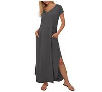Women's Summer Dresses with Pockets Casual Short Sleeve Flowy Maxi Dress Swing Long Beach Sundress Vintage Solid Color V Neck T-Shirts Dress Loose Trendy Elegant Flowy Hawaiian A-Line Dresses