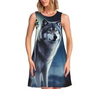 Womens Summer Dresses Wolf Under Moon Casual Loose Dress Sleeveless Swing T Shirt Sundress with Pockets L Black