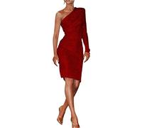 Womens Summer Dresses Women Fashion Long Sexy Dress Shoulder One Sequin Ruched Shoulder FCold Sequin Solid Dress White Dress for Women (Red, S)