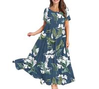 Women's Summer Dresses, Womens Summer Maxi Boho Beach Dress Floral Print Sundress Crew Neck Short Sleeve High Waist Flowy Tiered Long Dresses UK Clearance,Army Green,M,u144k