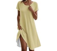 Womens Summer Dresses Women's Summer Solid Color Round Neck Short Sleeved Printed Loose Casual Dress White Dress for Women (Yellow, S)