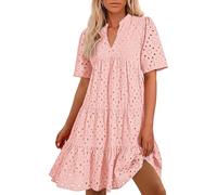 Women's Summer Dresses - Women's V Neck Short Sleeve Broderie Anglaise Dress, Summer Hollow Lace Ruffle Hem Tiered Babydoll Mini Smock Casual Beach Holiday Tunic