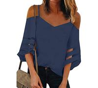 Womens Summer Dressy Cold Shoulder Tops Casual Mesh Panel 3/4 Bell Sleeve V Neck Tees Adjustable Spaghetti Strap Loose Shirts Navy