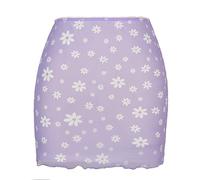 Womens Summer Elastic Waisted Stretchy Bodycon Mini Pencil Skirt Y2K Mesh Floral Print Skinny Sexy Short Skirts Light Purple