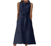 Womens Summer Elegant Dress Stylish Sexy Sleeveless Pullover Dress Smart Cute Crew Neck Linen Dress Classic Literary Solid Color Belt Temperament Maxi Dress