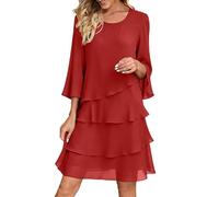 Womens Summer Elegant Dresses 3/4 Sleeve Chiffon Ruffle Layered Dress Round Neck Loose Fit Wedding Party Church Funeral Outfit Plain Soft Special Occasion Formal Work Casual Wear