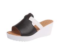 Women's Summer Elegant Leather, Slippers Women's Felt Sole, Platform Non-Slip Wedge Heel Slippers, Closed Summer Casual Wedges, Thick Platforms Shoes, Beach Shoes, black, 10 UK