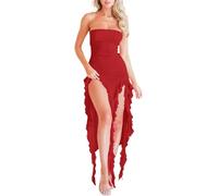 Women's Summer Elegant Off-The-Shoulder Midi Bodycon Dress Irregular Ruffle Tassel Party Dress Pleated Evening Gown (Red,S)