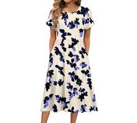 Women's Summer Elegant Sundress Summer Dresses for Women UK Modest Dresses Chic Crew Neck Floral Print Petal Short Sleeve Tied Midi Dress with Pockets Sundress for Female UK (White, XXL)