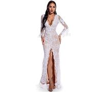 Women's Summer Evening Dress High Split Mesh Long Sleeve Glitter Cocktail Maxi Long Dress V-Neck Sequin Bridesmaid Dress