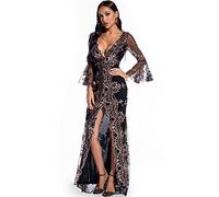 Women's Summer Evening Dress High Split Mesh Long Sleeve Glitter Cocktail Maxi Long Dress V-Neck Sequin Bridesmaid Dress