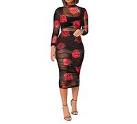 Women's Summer Evening Dress, Sexy Transparent Mesh Sheer Long Sleeve Bodycon Party Dress Glitter Dresses Women, 0601d-Red, XL
