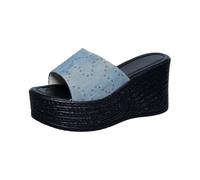 Womens Summer Extra Wide Fit Flatform Sandals Women's One Slope with Thick Bottom Fashion Sandals Summer Denim Square Head Slippers Black Womens Sliders Women S Slippers Size 5/6 (Blue,39)