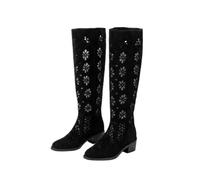 Womens Summer Fall Knee High Boots Flower Eyelet Hollow Out Cowboy Boots with Pointed Toe and Chunky Heel Western Boot for Concert Festival Country Night Party 2026 Footwear