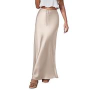 Womens Summer Fall Long Satin Skirt Elegant Wedding Cocktail Party Flowy A Line Silk Skirts, Beige, XL