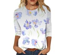 Women's Summer Fall Tops Women's Casual Printed Loose Round Neck 3/4 Sleeve T Shirt Top Front Button Blouse Blouses for Women UK Casual White