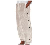 Women's Summer Fashion Striped Print Button Casual Versatile Loose Nine Point Trousers, khaki, XXL