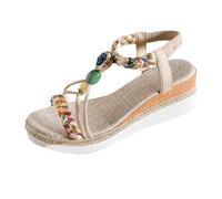 Women's Summer Flat Sandals Bohemia Sandals with Rhinestone Beads Leisure Beach Shoes Orthopaedic Sandals Casual Elastic Flip Flops Braided, beige, 9 UK